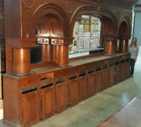 17F..sold...ANTIQUE OAK BACK BAR ONLY 19 FT X 10 FT H....C. 1880...SEE 1275.1276, 1281, 1282