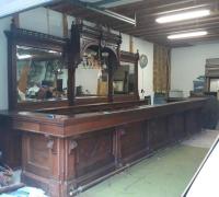 1F...AVAILABLE -  C. 1875  - GREAT CARVED  ANTIQUE BACK BAR  15  FT L  X 9 FT 6" H  AND MATCHING  20 FT   LONG  FRONT  BAR 