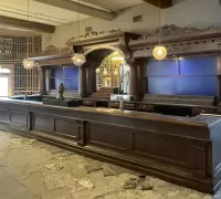 1F...GREAT  -  C.  1900 -  ANTIQUE  BACK  AND  FRONT  BAR  - 29  FT  L   X  8 FT 10"  H  ( we can  raise ) ALL ORIGINAL   ......