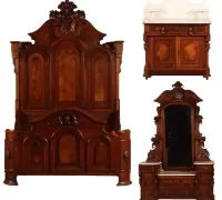 3..Three Piece American Victorian walnut and burl bedroom Set comprised of a full size bed, mirrored marble top dresser and marble top washstand. BED FINIALS ARE PRESENT.  Washstand Ht: 42" Wd: 35" Dpth: 18"   Bed Ht: 92" Wd: 59" Dpth: 83" Interior Wd: 56" Dpth: 75" Vanity Ht: 88" Wd: 57" Dpth: 21.5".