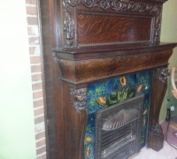 15 - CARVED LION MANTLE WITH GREAT TILES AND INSERTS - 60