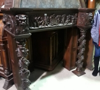 06B..GREAT CARVED WALNUT ANTIQUE HOODED MANTLE C. 1880..BOTTOM 61.5 W X 22 D X 55 H...TOP 43.5 W X 18 D X 55 H