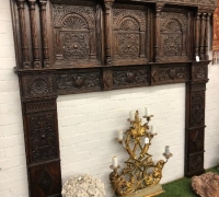 16....C. 1800...EXTRA LARGE GREAT CARVED ANTIQUE CASTLE MANTEL....95 W X 93 H....OPENING 66 W X 50 H....SEE 1460 TO 1462