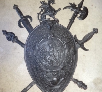 39- sold -Antique-iron-shield-with-weapons-26-w-x-34-h