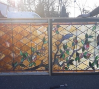 15a....98 IN. H X 37 IN W ANTIQUE STAINED GLASS WINDOW W/BIRDS